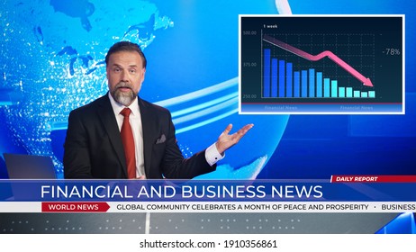 Live News Studio with Professional Anchor doing Financial and Business Report, Showing Stock Market Crash and Crisis Chart. Television Channel Newsroom with Newscaster Talking