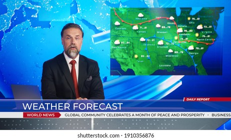 Live News Studio Professional Anchor Reporting on Weather Forecast. Weatherman, Meteorologist, Reporter in Television Channel Newsroom with Video Screen Showing Weather Synoptic Map Chart for U.S. - Shutterstock ID 1910356876