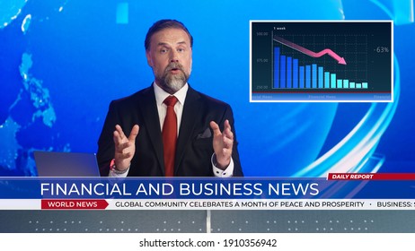 Live News Studio With Professional Anchor Doing Financial And Business Report, Showing Stock Market Crash And Crisis Chart. Television Channel Newsroom With Newscaster Talking