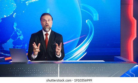 Live News Studio with Professional Anchor Reporting on the Events of the Day. Mock-up Television Channel Newsroom with Presenter, Newscaster Looks Excited.