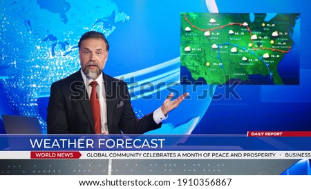 Live News Studio Professional Anchor Reporting on Weather Forecast. Weatherman, Meteorologist, Reporter in Television Channel Newsroom with Video Screen Showing Weather Synoptic Map Chart for U.S.