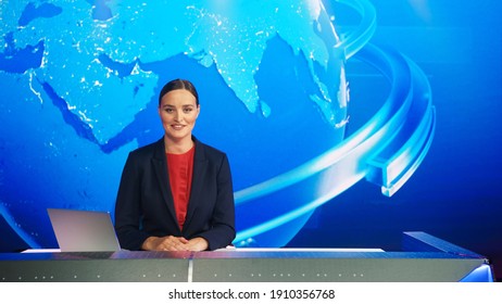 Live News Studio with Professional Female Newscaster Reporting on the Events of the Day. Broadcasting Channel with Presenter, Anchor Smiling on Camera. Mock-up TV Newsroom Set.