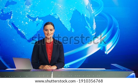 Live News Studio with Professional Female Newscaster Reporting on the Events of the Day. Broadcasting Channel with Presenter, Anchor Smiling on Camera. Mock-up TV Newsroom Set.