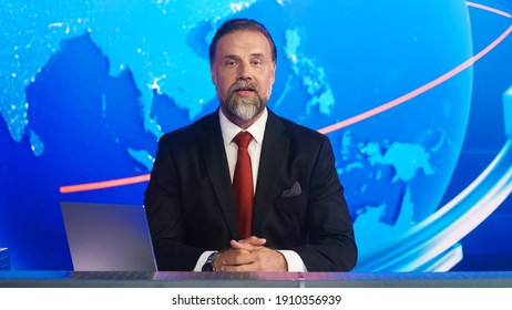 Live News Studio With Professional Male Newscaster Reporting On The Events Of The Day. Broadcasting Channel With Presenter, Anchor Talking. Mock-up TV Newsroom Set With Globe On The Background.