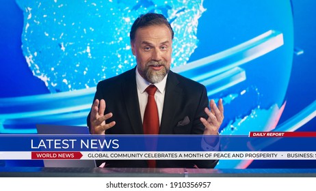 Live News Studio With Professional Male Anchor Reporting On The Events Of The Day. Broadcasting Channel With Presenter, Newscaster Talking In Mock-up TV Newsroom Set. News Ticker