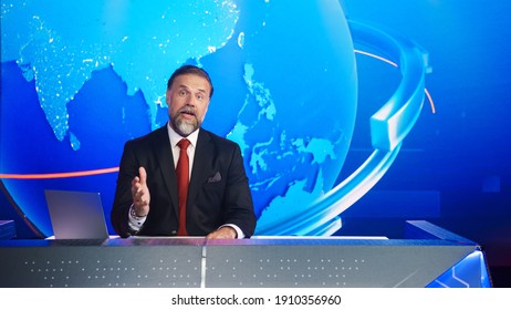 Live News Studio with Professional Male Newscaster Reporting on the Events of the Day. TV Broadcasting Channel with Presenter, Anchor Talking. Mock-up Television Channel Newsroom Set