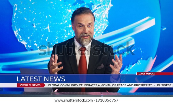 Live News Studio\
with Professional Male Anchor Reporting on the Events of the Day.\
Broadcasting Channel with Presenter, Newscaster Talking in Mock-up\
TV Newsroom Set. News\
Ticker