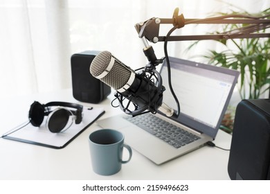 Live Online Radio Broadcasting Station Desk, Entertainment And Communication Concept