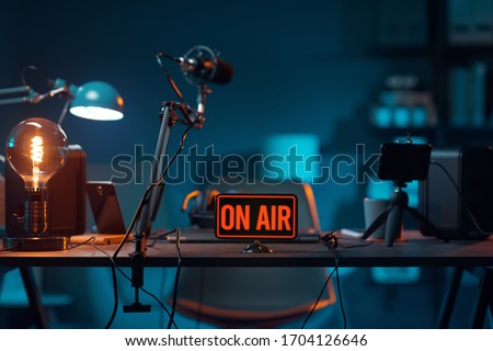 Live online radio studio desk with on air sign, entertainment and communication concept ストックフォト © 