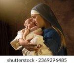 Live reenactment Christmas nativity scene of the real mother of an 8 days old baby boy playing Virgin Mary and baby Jesus