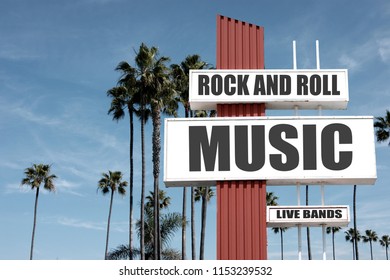 live rock and roll music sign with palm trees