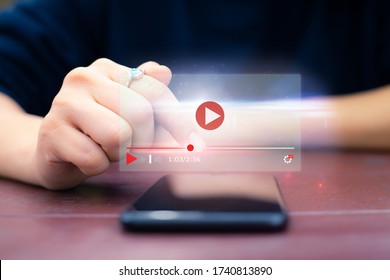 Live Video Content Online Streaming Marketing Concept.Close-up Of Female Hands Using Mobile Phone