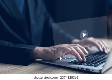 Live video content Online streaming marketing concept. Man's hands using laptop to stream online. Watch videos on the internet, live concerts, performances, or teaching.