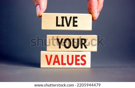 Live your values symbol. Concept words Live your values on wooden blocks. Businessman hand. Beautiful grey table grey background. Business, psychological and live your values concept. Copy space.