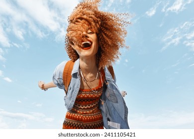 Lively Beach Escape: Smiling Woman Embracing Freedom in a Backpacker's Adventure - Powered by Shutterstock