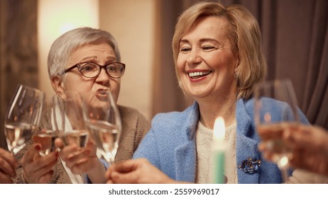 Lively discussion. Elderly women meeting with friends in cozy living-room, laughing, drinking white wine, celebrating. Concept of elderly lifestyle, positive emotions, party, happiness and joy - Powered by Shutterstock