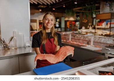 In a lively market environment, a joyful fishmonger skillfully prepares a selection of fresh seafood for customers - Powered by Shutterstock