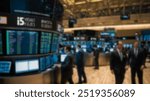 A lively stock exchange trading room, with professionals monitoring market trends on multiple screens, creating a fast-paced financial environment