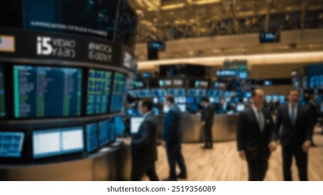 A lively stock exchange trading room, with professionals monitoring market trends on multiple screens, creating a fast-paced financial environment - Powered by Shutterstock