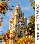 The Liver Building in Liverpool framed by autumn leaves