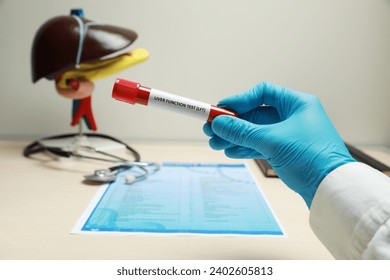 Liver Function Test. Laboratory worker with tube of blood sample, form and model of liver at table, closeup