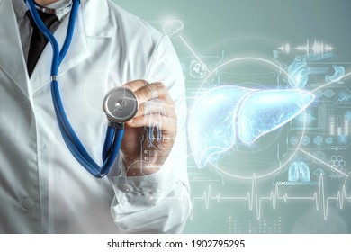 Liver hologram, liver pain. Concept for technology, hepatitis treatment, donation, online diagnostics. 3D rendering 3D illustration - Shutterstock ID 1902795295