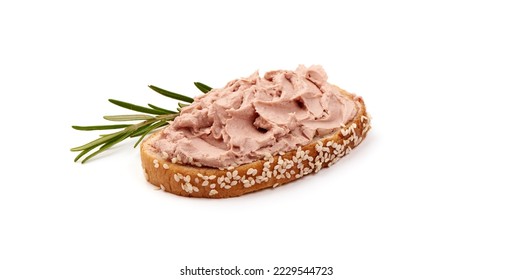 Liver pate sandwich, close-up, isolated on white background