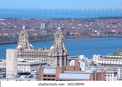 Liverpool - city in Merseyside county of North West England (UK). Aerial view with famous Royal Liver Building and offshore wind farm.
