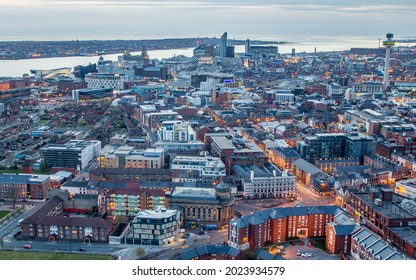 Liverpool cityscape seen from the Anglican Cathedral in May 2013 during the twilight hour as day turned to night.