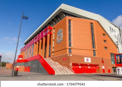 Liverpool, England - 1 April, 2017: View of the Anfield stadium, home of Liverpool Football Club. The place is the sixth largest football stadium in England.