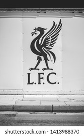 LIVERPOOL, ENGLAND - APRIL 11, 2015: LFC club symbol on wall outside Anfield stadium in Liverpool, England