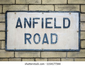 LIVERPOOL, ENGLAND - APRIL 13, 2015: Anfield Road Street Sign On Building In Liverpool City, England