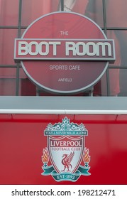 LIVERPOOL, ENGLAND - JUNE 3: Boot Room And Liverpool Football Club Crest On Anfield Stadium On June 3, 2014 In Liverpool, England. Anfield Stadium Is Home Stadium Of Liverpool FC.