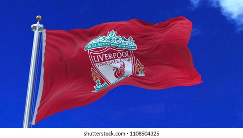Liverpool - England - June 7, 2018: Liverpool F.C. flag waving with the clouds background. Taken on June 7, 2018 in Liverpool - England
