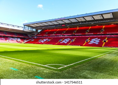 LIVERPOOL - ENGLAND, MAY 12,2019 : Anfield Stadium, the home ground of Liverpool Football Club. This is a corner that Trent Alaxander Arnold did an assist to Divoct Origi in UEFA Champion League.