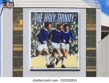 LIVERPOOL, ENGLAND - MAY 9:  A mural of The Holy Trinity hangs on the Main Stand, Goodison Park, Everton Football Club in England on May 9, 2015.  The Holy Trinity comprised Kendall, Ball and Harvey.