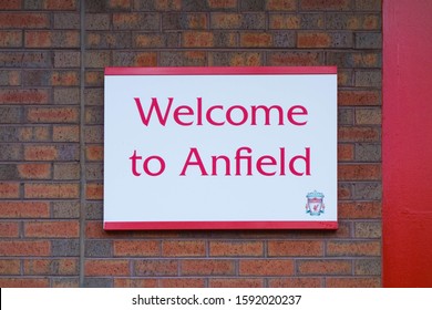 LIVERPOOL, ENGLAND - NOVEMBER 5, 2019: Welcome To Anfield Sign On Wall In Liverpool, England