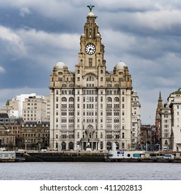 Liverpool, England.  Skyline from the River Mersey at Pier Head showing the Royal Liver building with the famous Liver birds.
