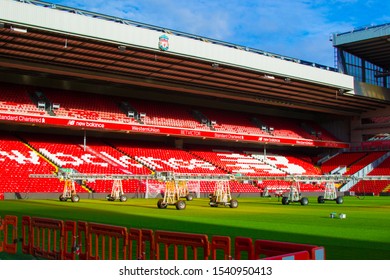 Liverpool, England, United Kingdom; 10/15/2018: Empty Red Steps Or Terraces Of Anfield, Liverpool's FC Stadium, During A Tour