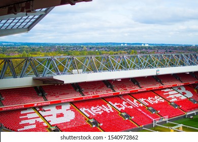 Liverpool, England, United Kingdom; 10/15/2018: Empty Red Steps Or Terraces Of Anfield, Liverpool's FC Stadium, During A Tour