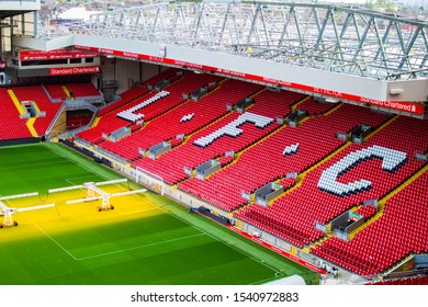 Liverpool, England, United Kingdom; 10/15/2018: Empty Red Steps Or Terraces Of Anfield, Liverpool's FC Stadium, During A Tour