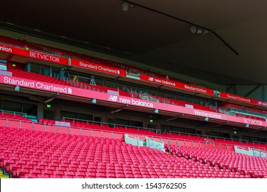 Liverpool, England, United Kingdom; 10/15/2018: Empty Red Steps Or Terraces Of Anfield, Liverpool's FC Stadium, During A Tour