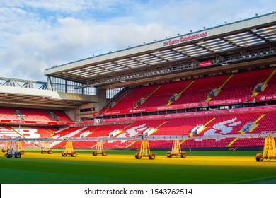 Liverpool, England, United Kingdom; 10/15/2018: Empty Red Steps Or Terraces Of Sir Kenny Dalglish Stand In Anfield, Liverpool's FC Stadium, During A Tour