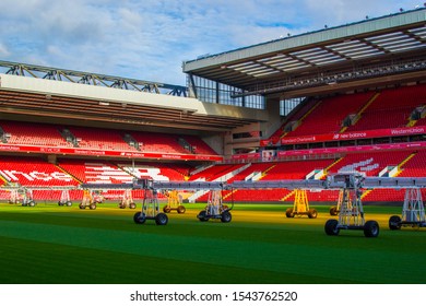 Liverpool, England, United Kingdom; 10/15/2018: Empty Red Steps Or Terraces Of Anfield, Liverpool's FC Stadium, During A Tour