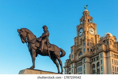 Liverpool historical architecture with Statue of EDWARD VII in city center in England in United Kingdom