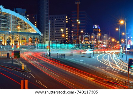 Liverpool Lime street train station in town centre at night and traffic trails of public transport county Merseyside United Kingdom of Great Britain 2017