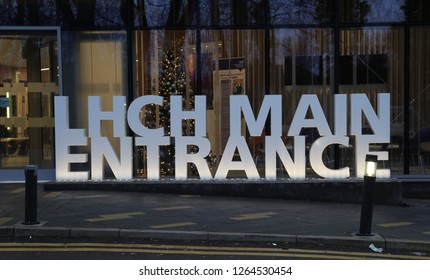 Liverpool, Merseyside, England, UK. December 21, 2018.  The Modern Entrance Sign To The Reception Lobby At The Heart And Chest Hospital.