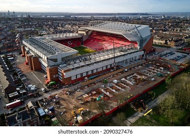 Liverpool, Merseyside, UK - Dec, 02 2021. A general aerial view of the Anfield Road building site at Liverpool Football Club's Anfield Stadium as construction work on the new stand continues.