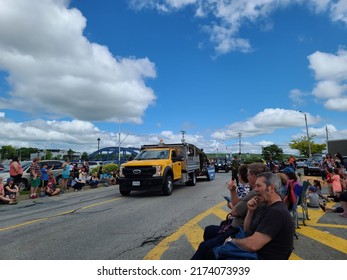 Liverpool, NS, CAN, June 25th, 2022 - A Truck Carrying A Military Float That Is Part Of The Privateer Days Parade In Liverpool NS.