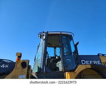 Liverpool, NS, CAN, October 28, 2022 - A Closeup Look At The Cab Of A Bulldozer Through The Open Door.